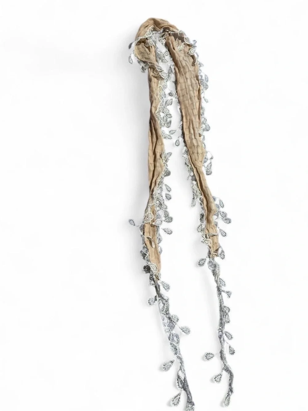 Beige Scarf with Leaf fringe Trim